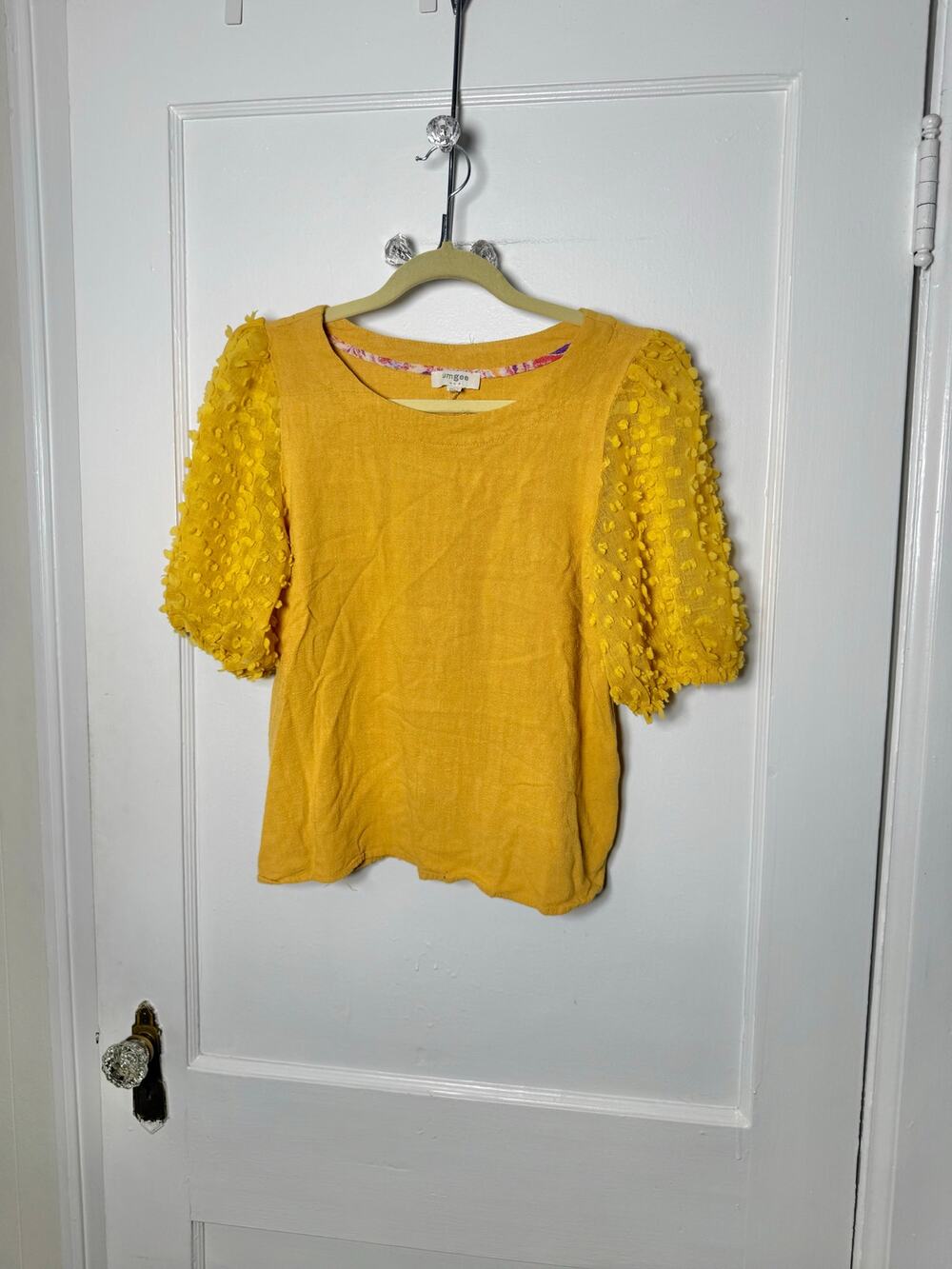 UMGEE Yellow Gold Swiss Dot Puff Sleeve Relaxed Linen Cotton Blouse Medium